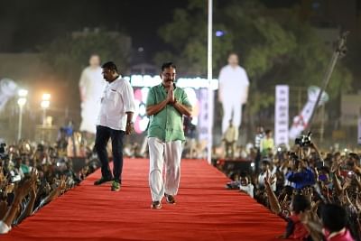 Puducherry: Makkal Needhi Maiam (MNM) President Kamal Haasan during a party rally in Puducherry, on March 31, 2019. (Photo: IANS)