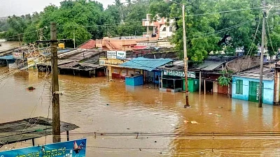 Belagavi: A view of flooded Belagavi-Bagalkot Road near Belagavi following heavy rains in North Karnataka on 7 August 2019. 