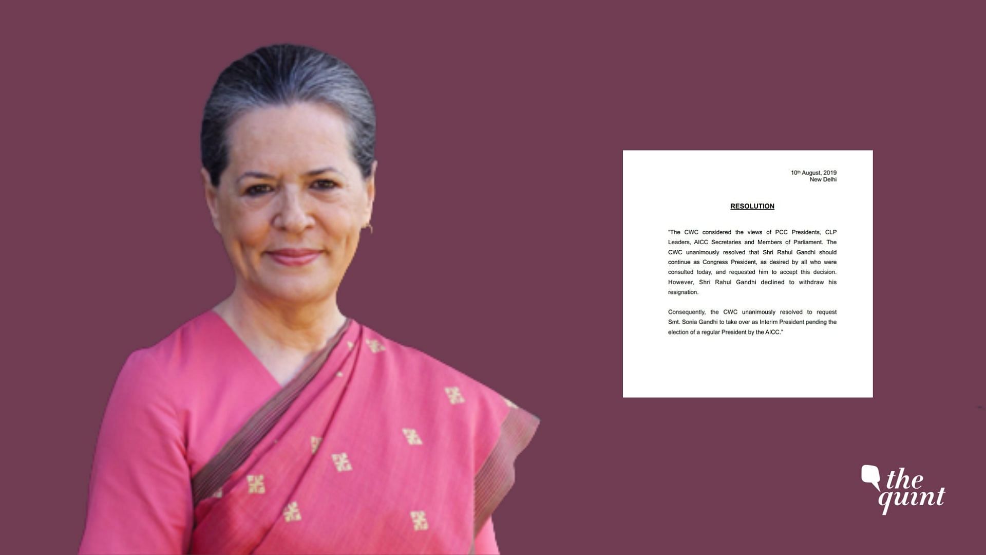 The Congress Working Committee (CWC) on Saturday, 10 August appointed UPA chairperson Sonia Gandhi as the interim chief of the party.
