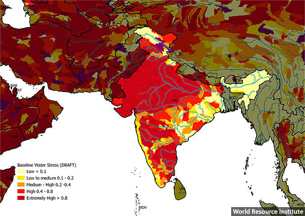 Why is India water-stressed despite widespread rainfall and a large number of water sources?