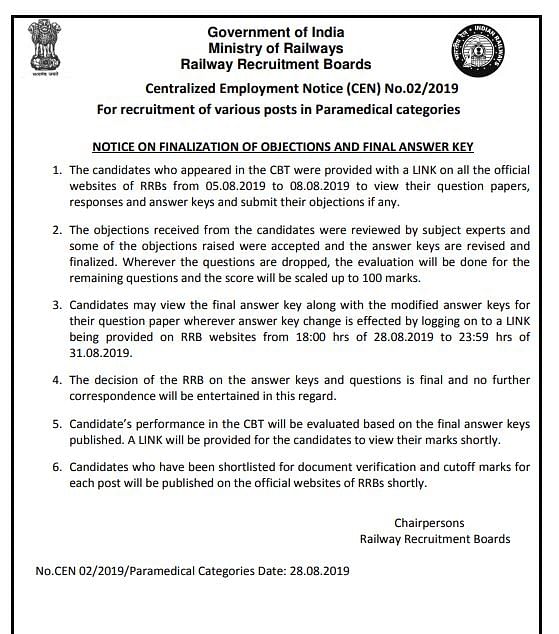 Candidates can download the RRB Paramedical final answer key till 11:59 pm on 31 August only.