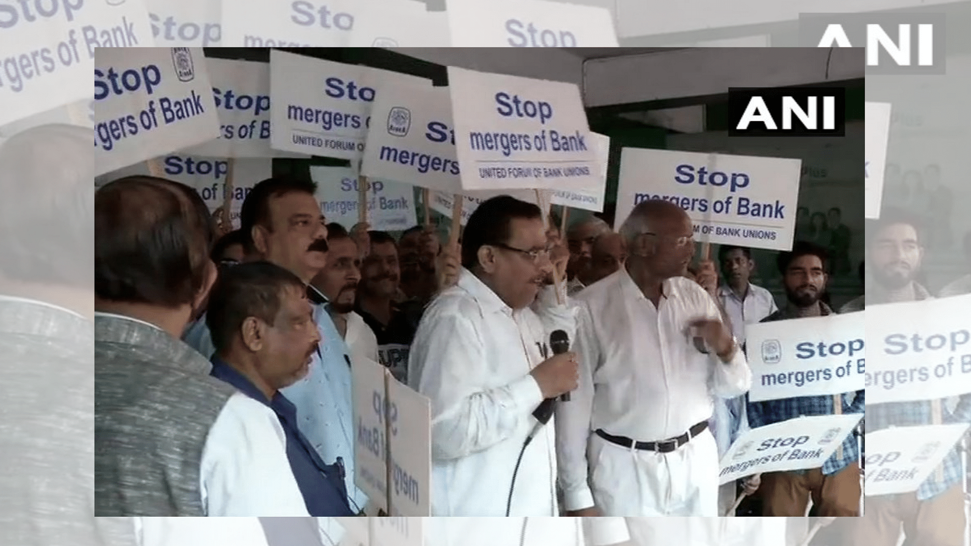 Banking union stage protest in Delhi on Saturday against the Centre’s banks-merger decision.