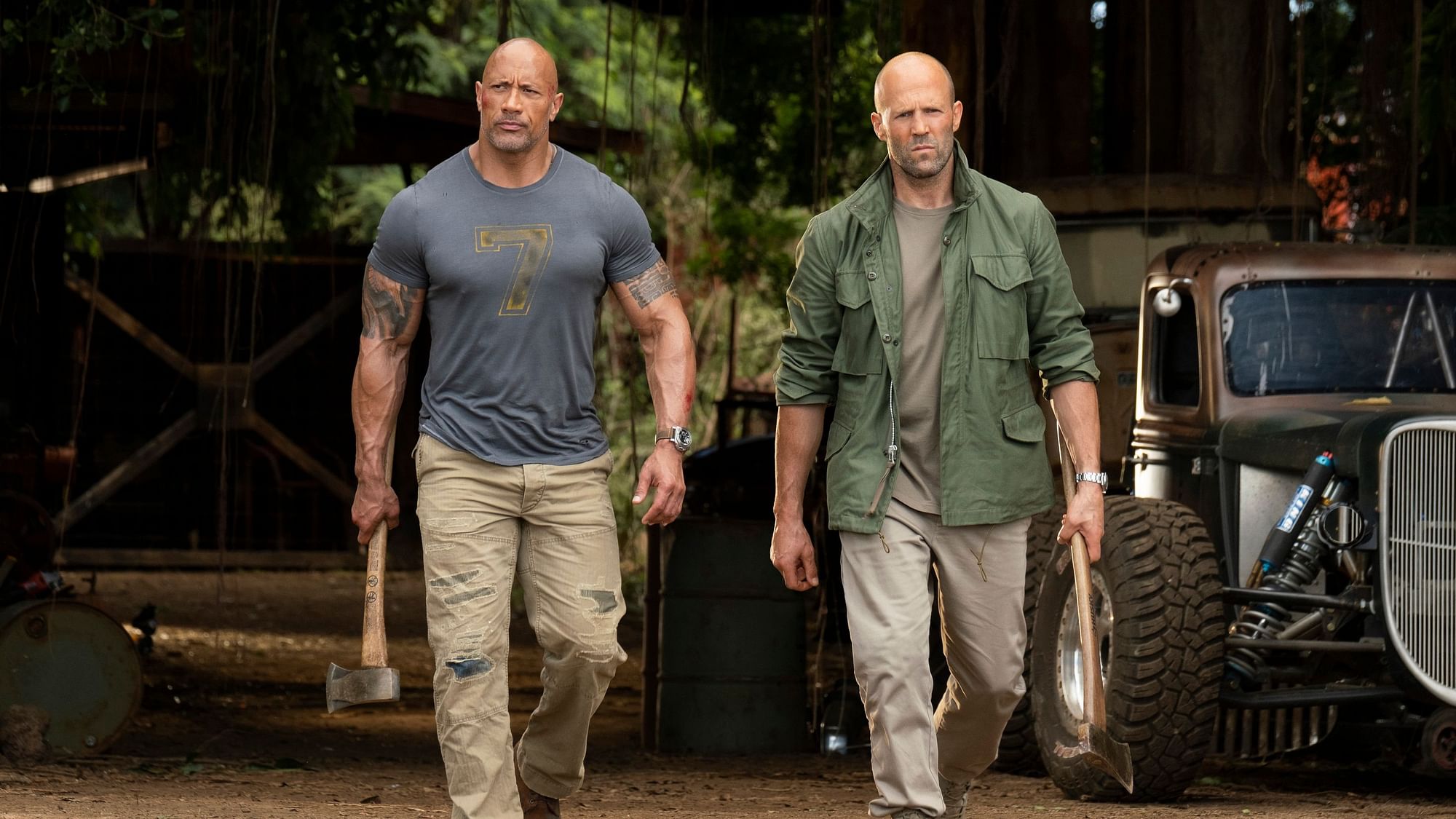 Dwayne ‘The Rock’ Johnson and Jason Statham as agents Hobbs and Shaw in <i>Fast &amp; Furious Presents: Hobbs &amp; Shaw.</i>