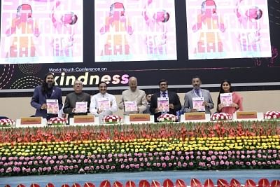 New Delhi: President Ram Nath Kovind, Union Human Resource Development (HRD) Minister Ramesh Pokhriyal Nishank, UNESCO MGIEP Governing Board Chair J S Rajput and Ministry of HRD Secretary R. Subrahmanyam at the inaugural session of the first ever World Youth Conference for Kindness, in New Delhi on Aug 23, 2019. (Photo: IANS)