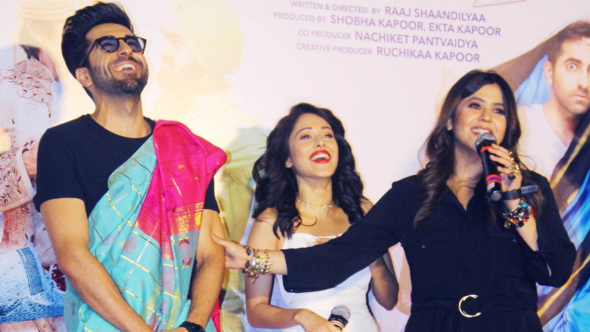 Ayushmann Khurrana, Nushrat Bharucha and Ekta Kapoor at <i>Dream Girl</i> trailer launch.