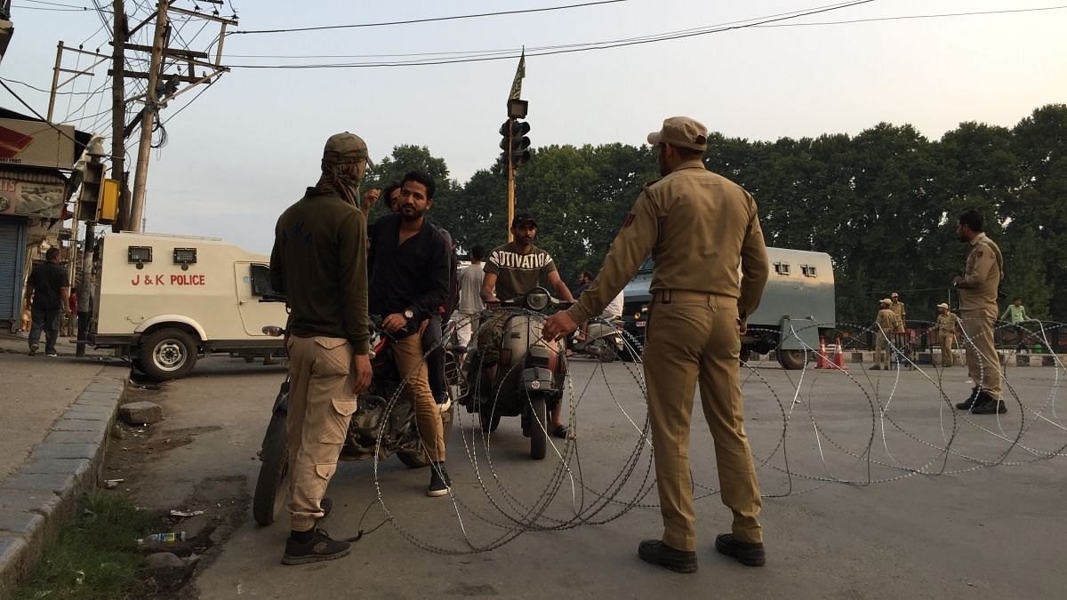 Vigilant checks being done by the police in many places, in Srinagar in Kashmir.&nbsp;