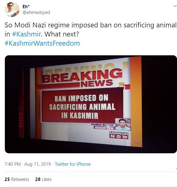 The viral screenshot claimed that animal slaughter is banned in Kashmir, right ahead of Eid.