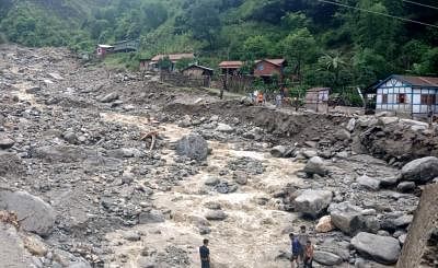 West Kameng: A view of the Nag Mandir village after cloud burst in Arunachal Pradesh