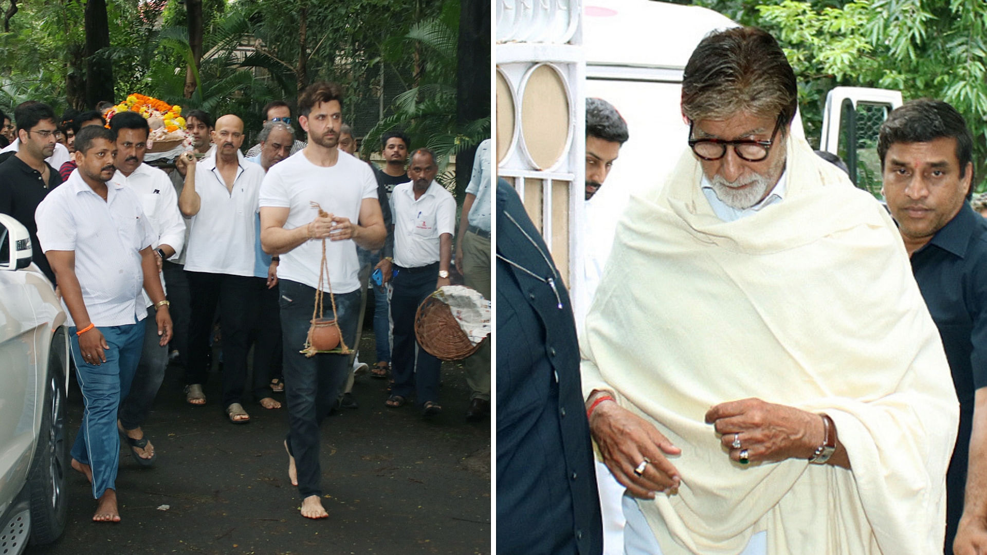 Hrithik Roshan (L), Amitabh Bachchan (R) at J Om Prakash’ funeral.