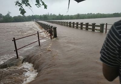 Thane: A view of Bhatsa Dam seen overflowing after a heavy monsoon rains on Bhatsa river near Shahapur in Maharashtra