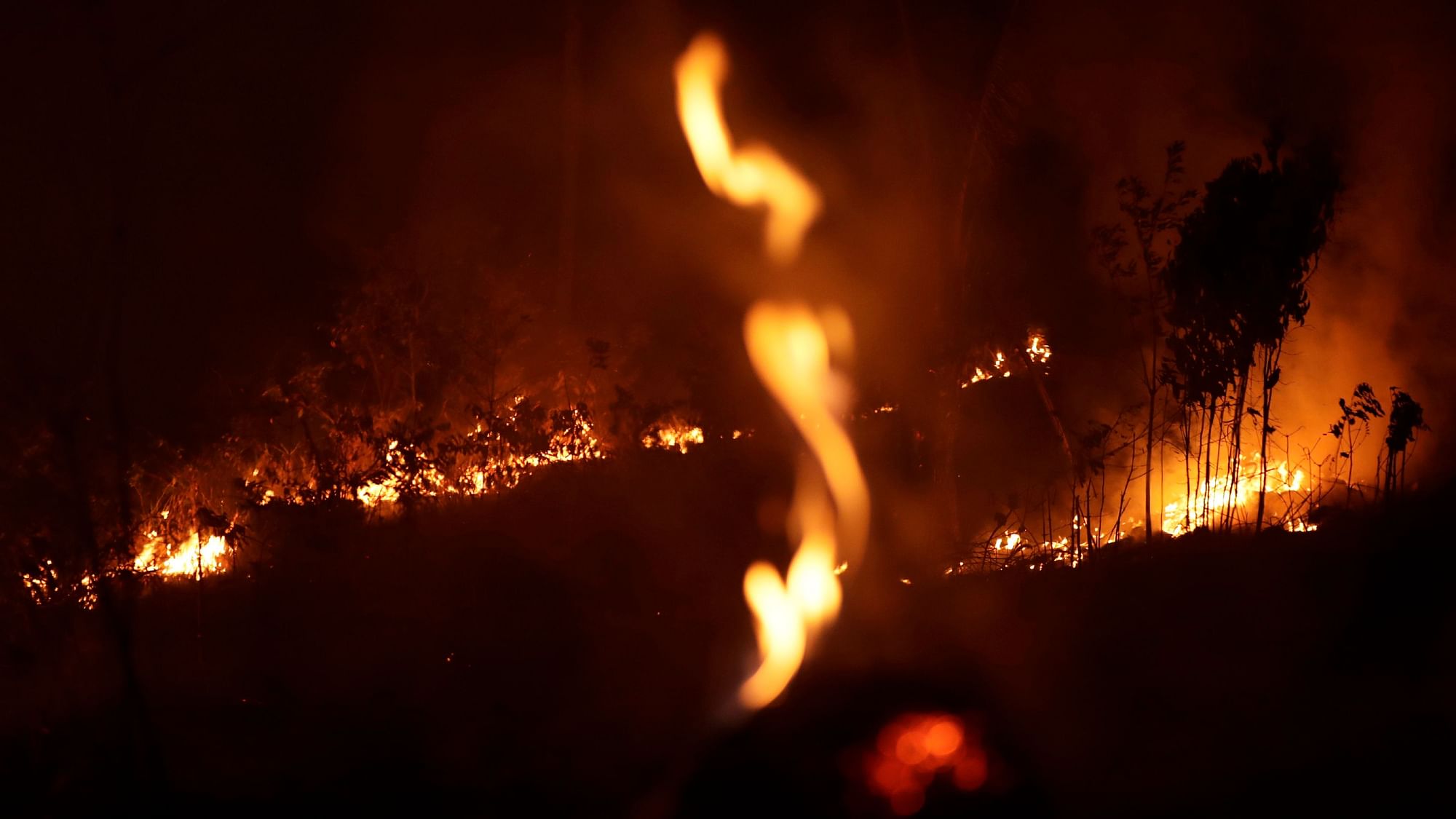 A fire burns in highway margins in the city of Porto Velho, Rondonia state, part of Brazil’s Amazon.