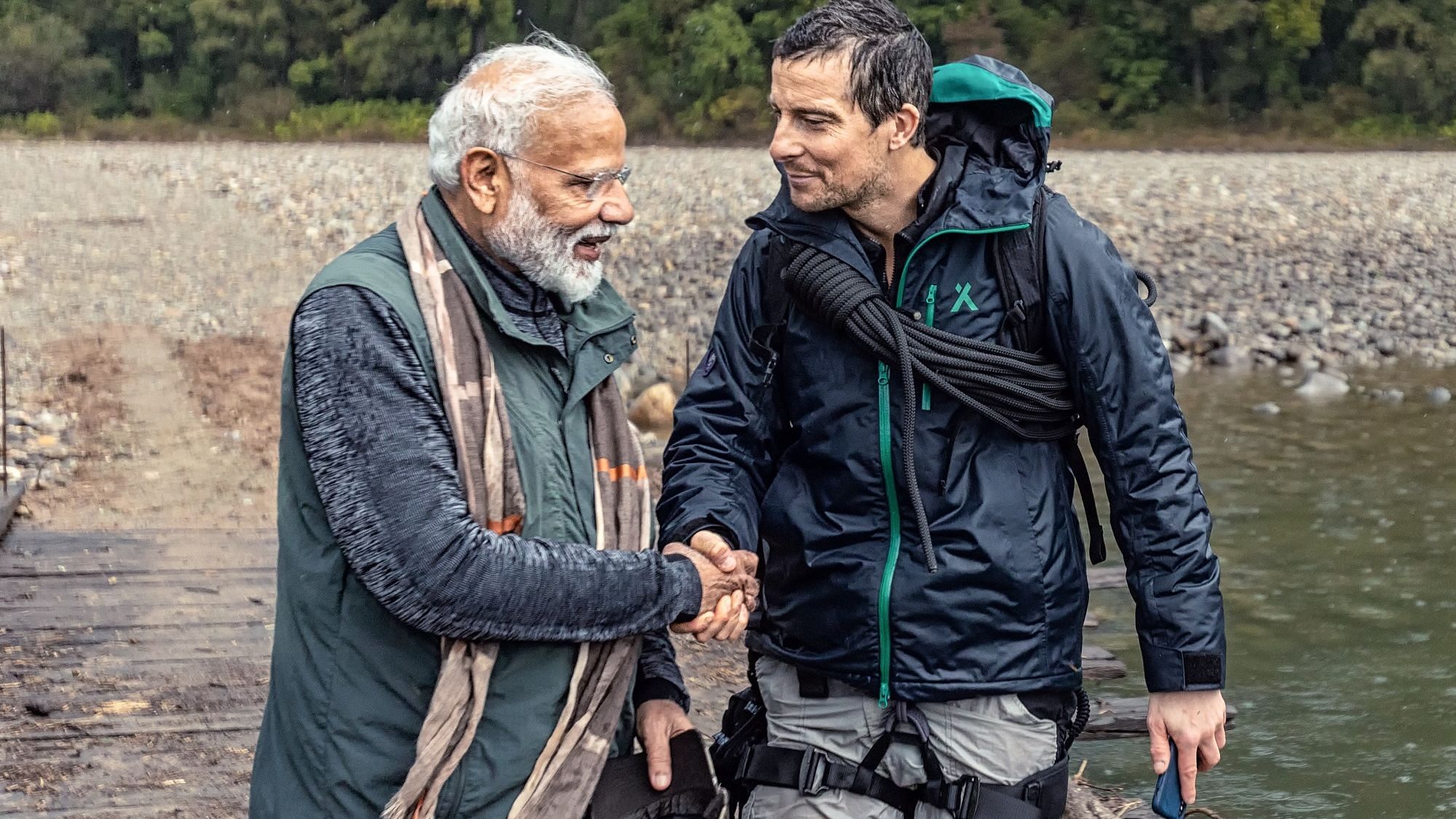 Prime Minister Narendra Modi with Bear Grylls in a clip from <i>Man vs Wild</i>.