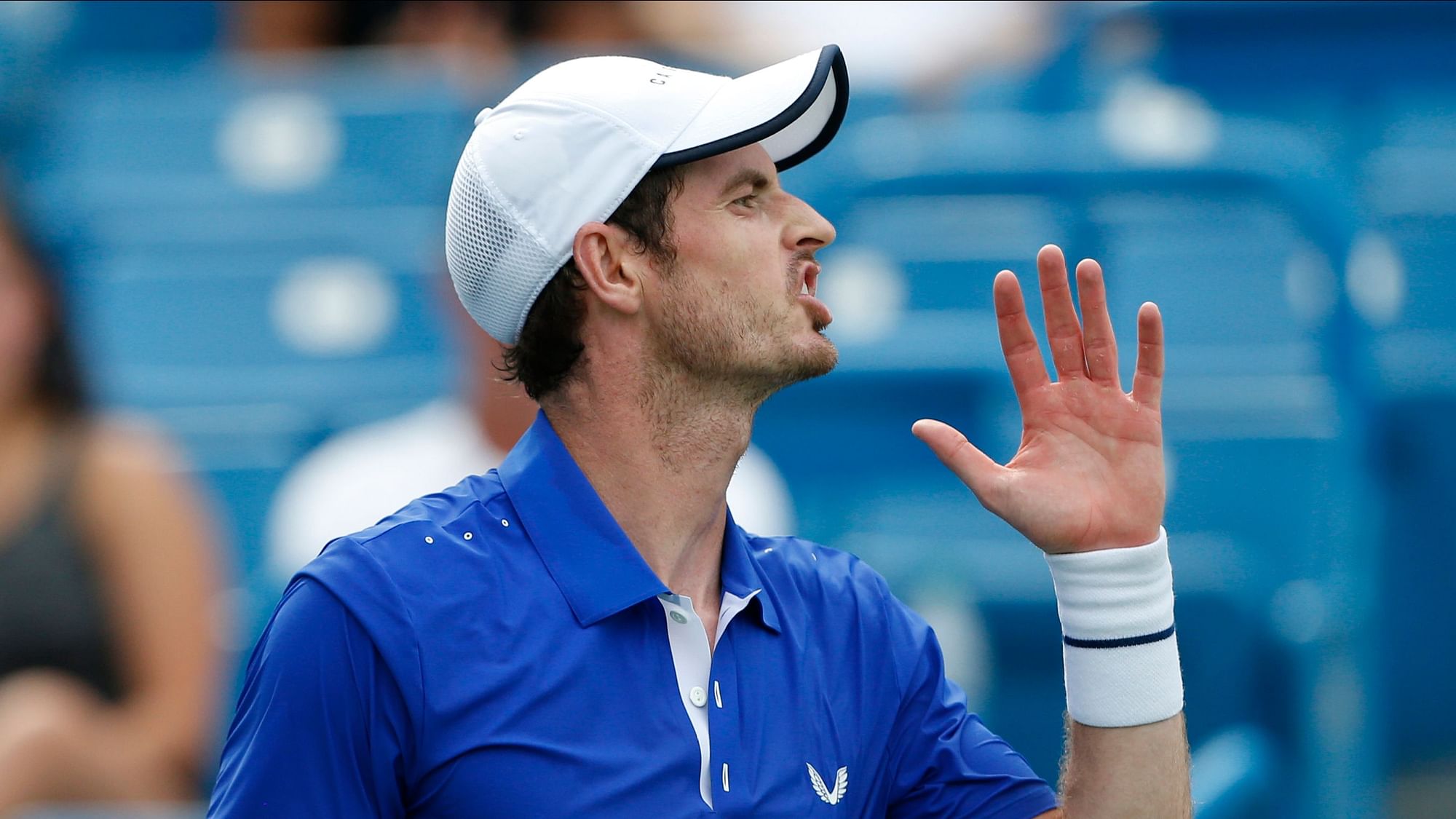 Andy Murray, of Great Britain, reacts after a point against Richard Gasquet, of France, during first round play at the Western &amp; Southern Open tennis tournament, Monday, Aug. 12, 2019, in Mason, Ohio.