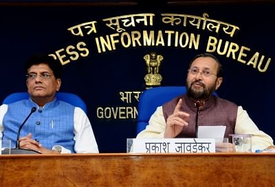 New Delhi: Union Railways and Commerce Minister Piyush Goyal along with Union Environment, Forest and Climate Change and Information and Broadcasting Minister Prakash Javadekar, during a Cabinet Briefing in New Delhi on Aug 28, 2019. (Photo: IANS)