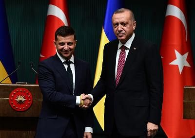 ANKARA, Aug. 7, 2019 (Xinhua) -- Turkish President Recep Tayyip Erdogan (R) and his Ukrainian counterpart Volodymyr Zelensky attend a press conference at the Presidential Palace in Ankara, Turkey, on Aug. 7, 2019. (Photo by Mustafa Kaya/Xinhua/IANS)