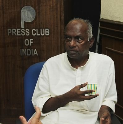 New Delhi: Former BJP ideologue K.N. Govindacharya during a press conference in New Delhi, on May 12, 2015. (Photo: IANS)