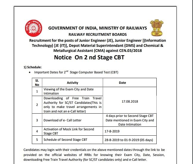 The link for city intimation, travel Pass and mock test has been released on regional websites of RRB for JE CBT 2. 