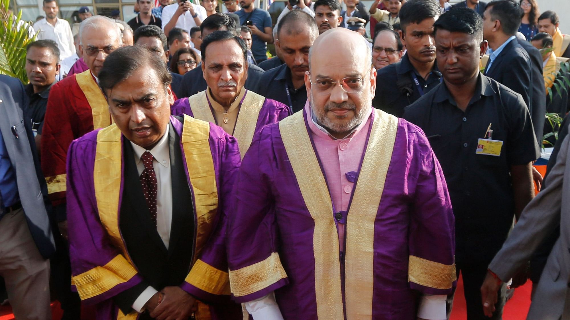Home Minister Amit Shah and Reliance Chairman Mukesh Ambani arrive to attend a convocation ceremony at the Pandit Deendayal Petroleum University in Gandhinagar.&nbsp;