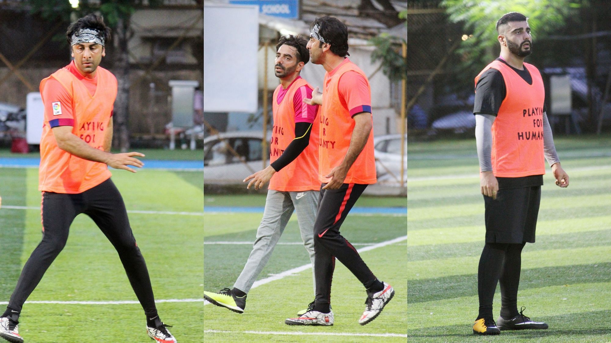 Ranbir Kapoor, Aparshakti Khurrana and Arjun Kapoor engrossed in a football match.