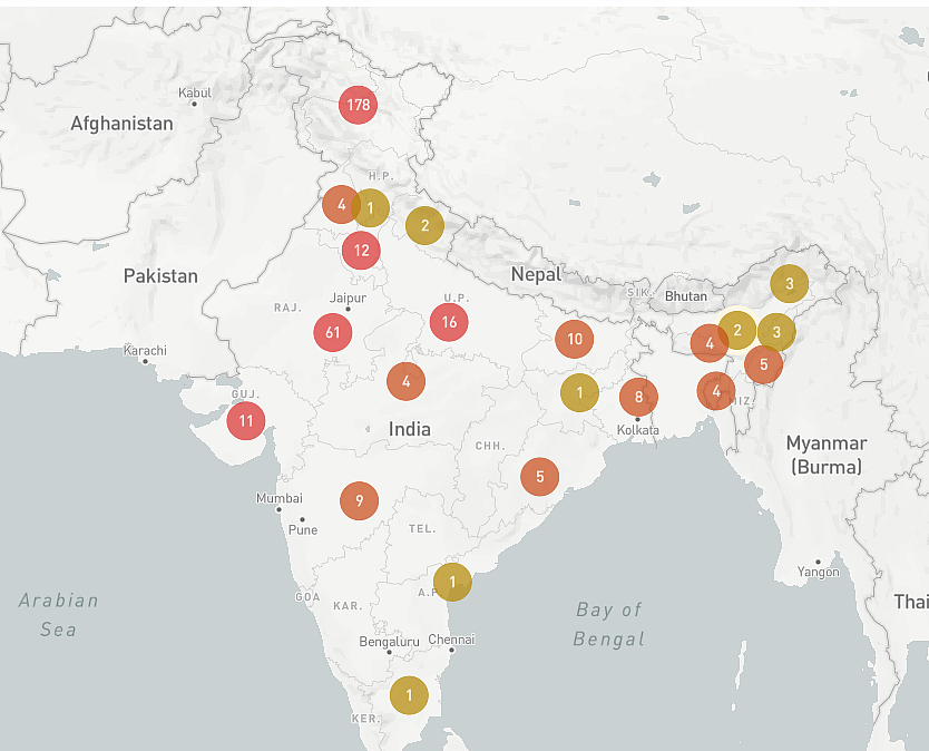 The map shows the 178 reported Internet shutdowns in Jammu and Kashmir as of 9 August 2019, significantly higher than any other state. 