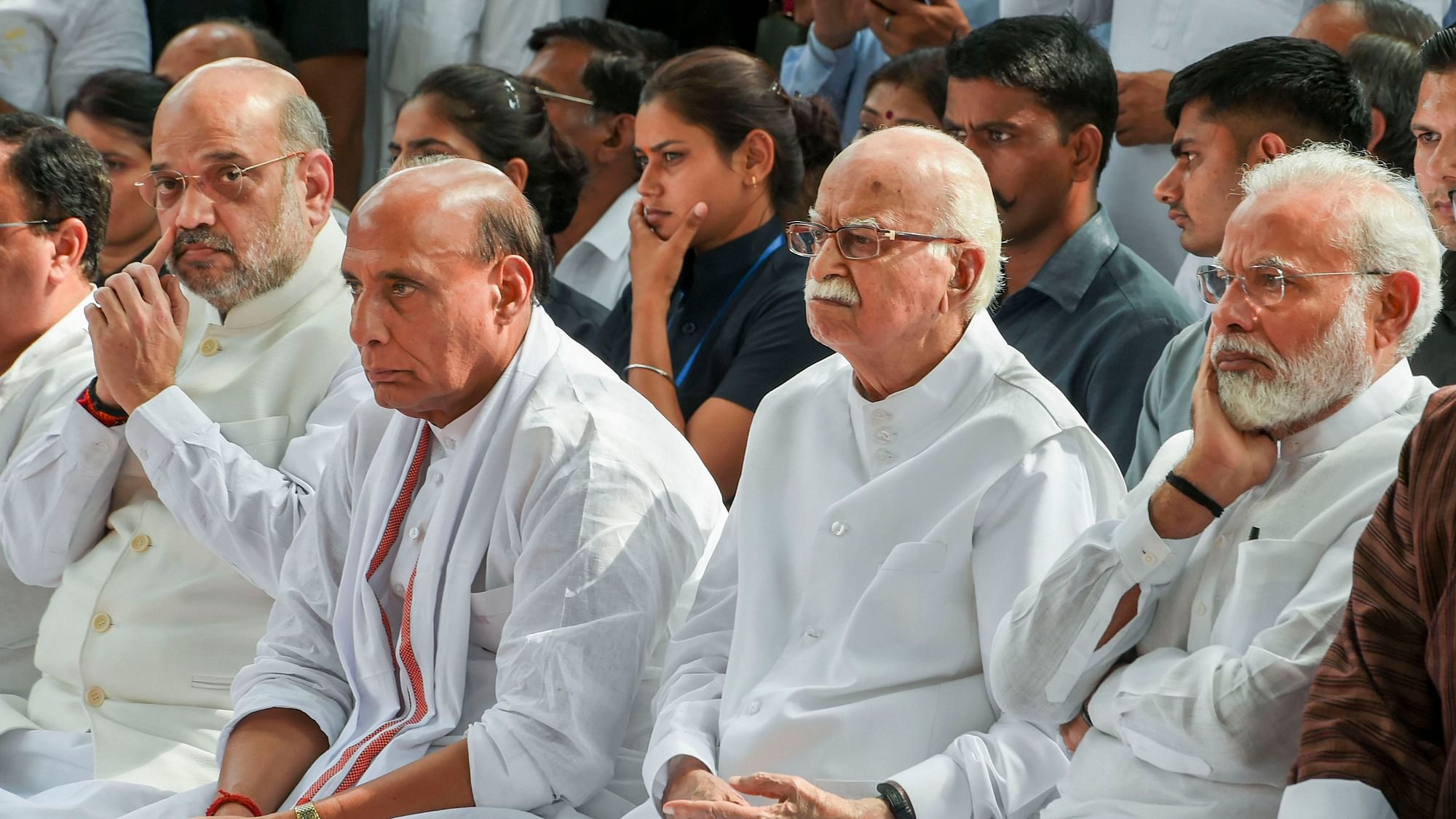 Prime Minister Narendra Modi, senior BJP leader LK Advani, Union Ministers Rajnath Singh and Amit Shah during the funeral ceremony of former external affairs minister Sushma Swaraj, at Lodhi crematorium in New Delhi. (Right to left)
