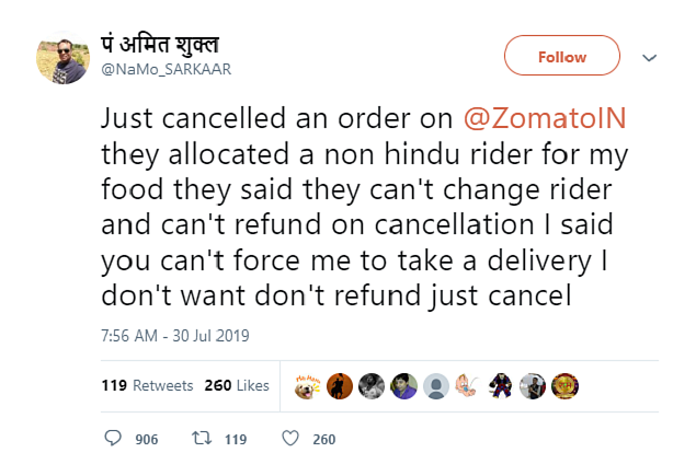 Screenshot of the tweet by the person who canceled his order.