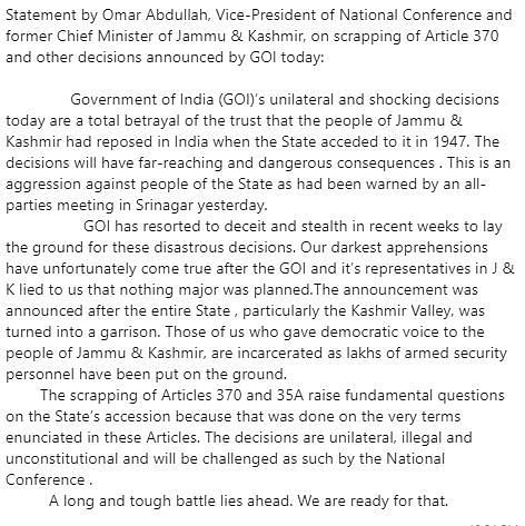 Leaders from NC and PDP, Omar Abdullah and Mehbooba Mufti,  under house arrest, issued scathing statements.