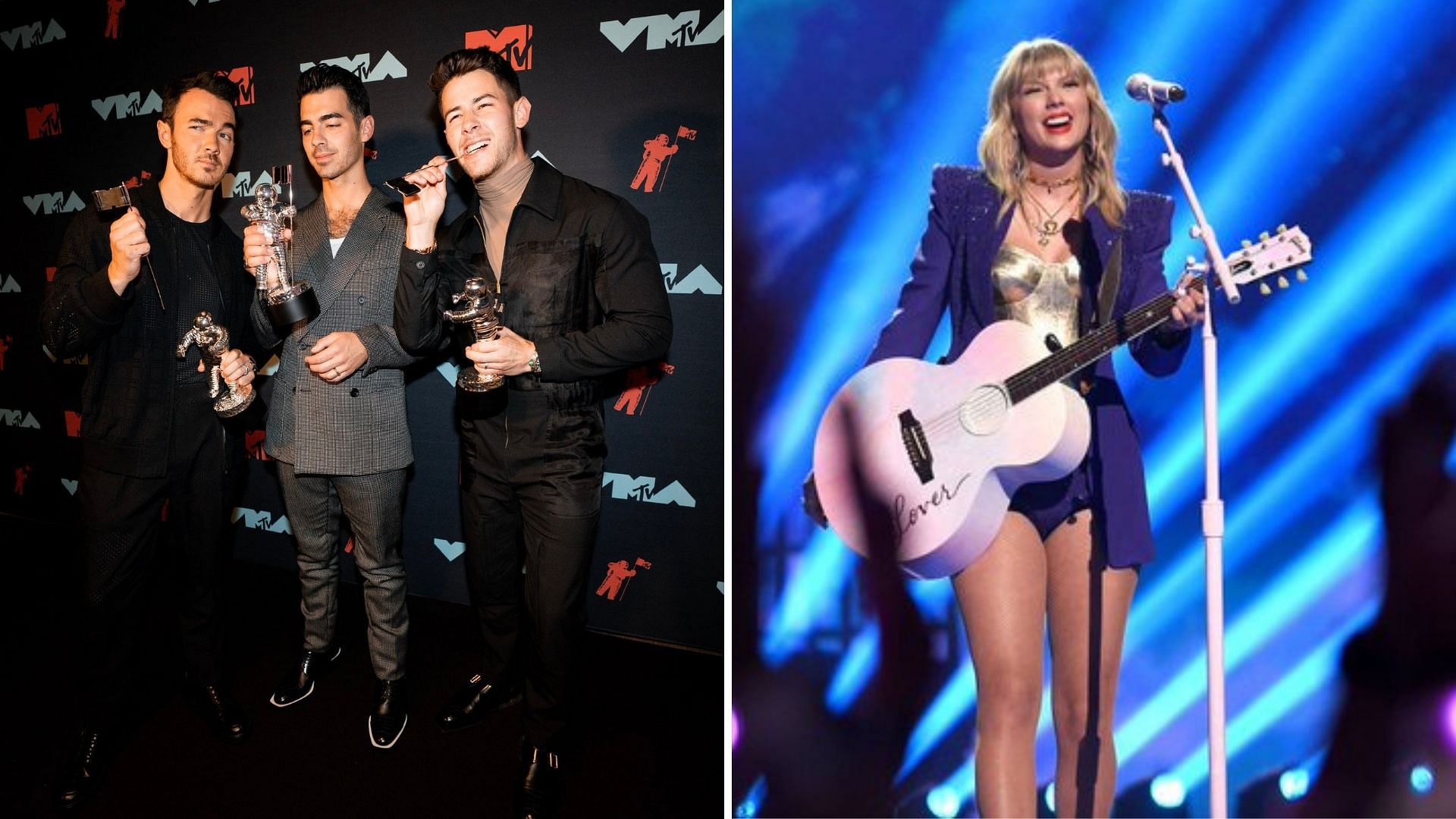 The Jonas brothers with their awards; Taylor Swift performs at 2019 MTV Video Music Awards. 