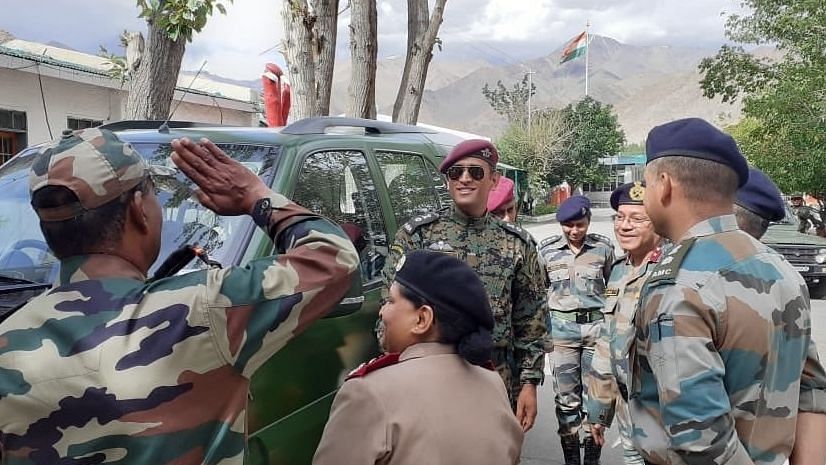 MS Dhoni reached Ladakh on Wednesday where he received a warm reception from the Army personnel and interacted with them.