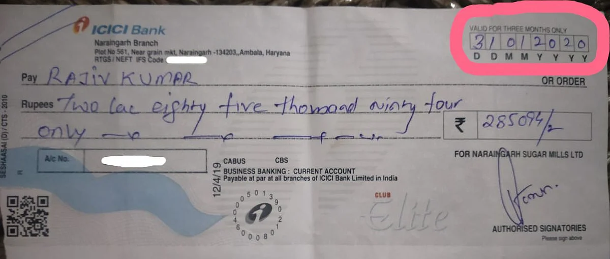 Cheque issued to Rajiv Kumar on behalf of the Naraingarh Sugar Mills Ltd.