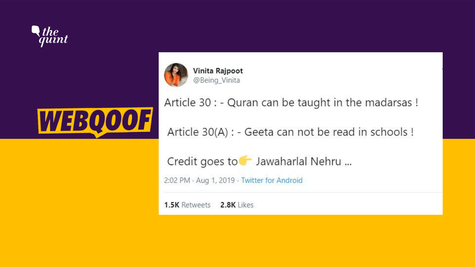 A viral message claims that under Article 30, Quran can be taught in madrasas, while, allegedly under Article 30(A), Bhagavad Gita cannot be read in schools.