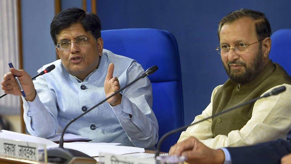 Union Ministers Prakash Javadekar and Piyush Goyal during a Cabinet briefing, in New Delhi.