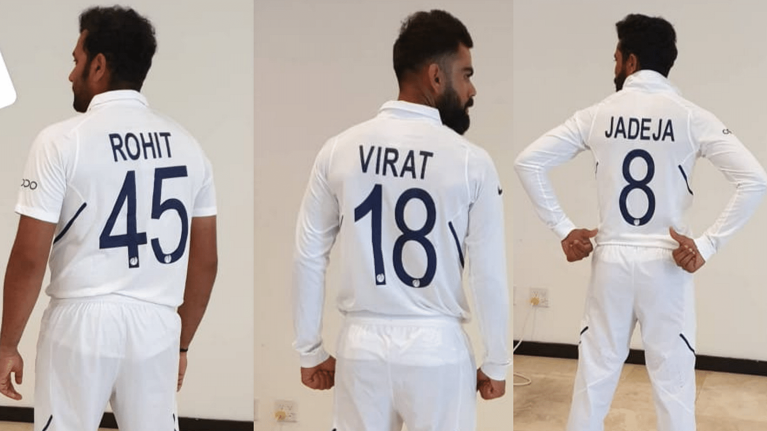 Rohit Sharma, Virat Kohli and Ravindra Jadeja in Team India’s new Test jerseys.