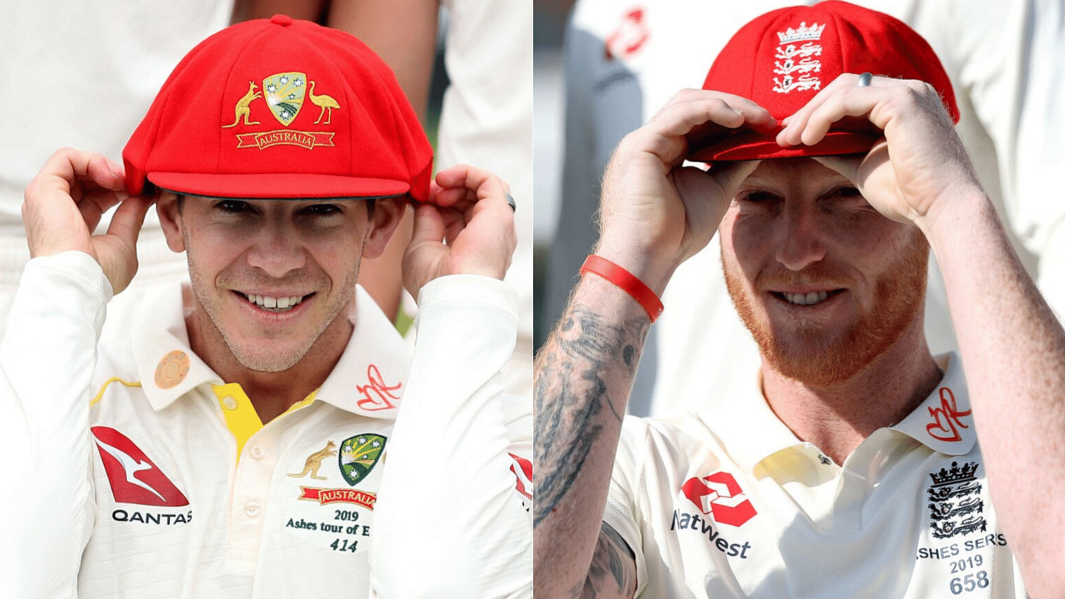 Australia captain Tim Paine and English cricketer Ben Stokes with their red caps ahead of the second Ashes Test.