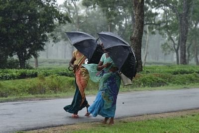 Women carry umbrellas to shield themselves from rains. (Photo: IANS)