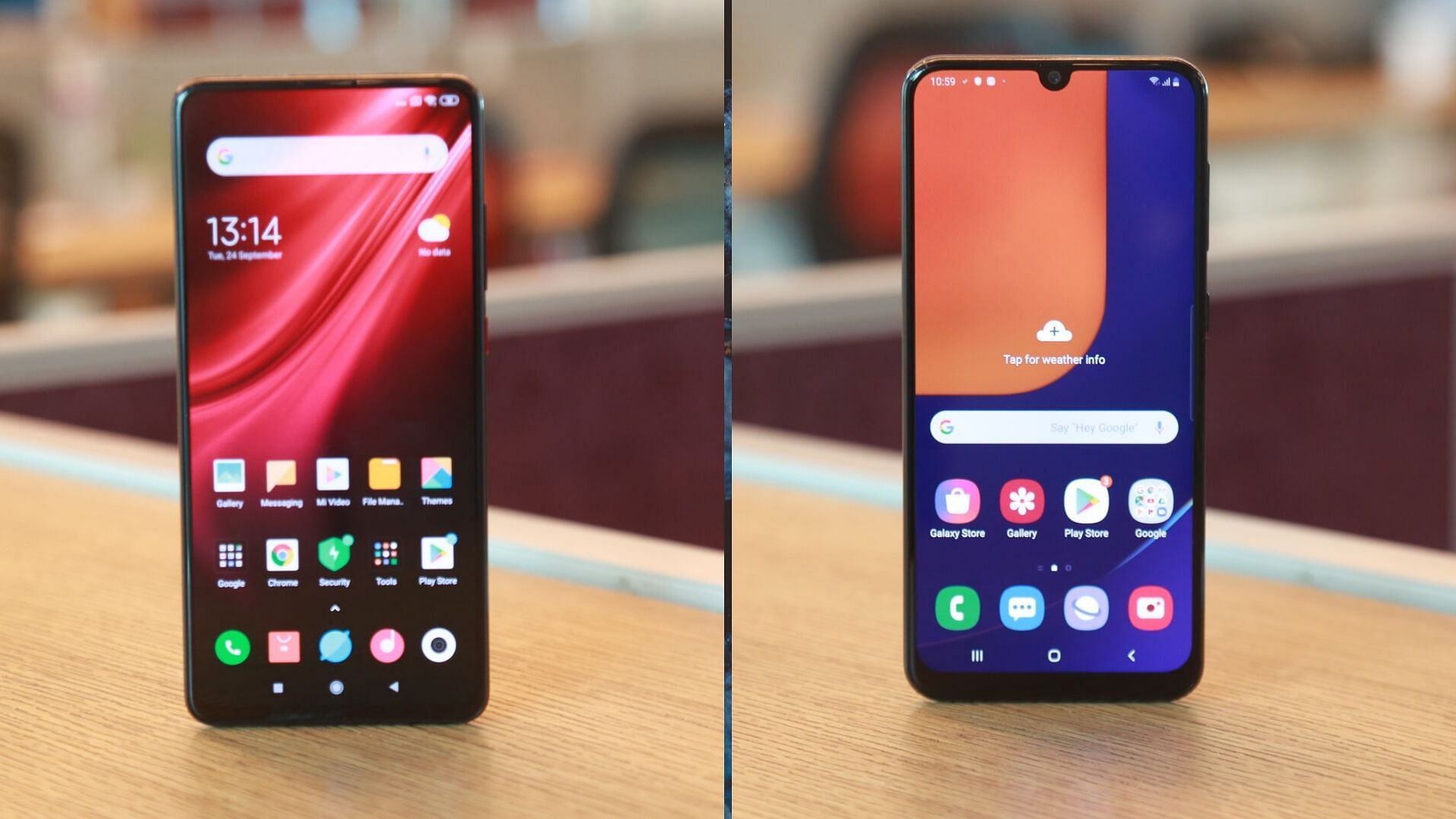 Both the Redmi K20 Pro (left) and the Galaxy A50s (right) comes with Super AMOLED displays.