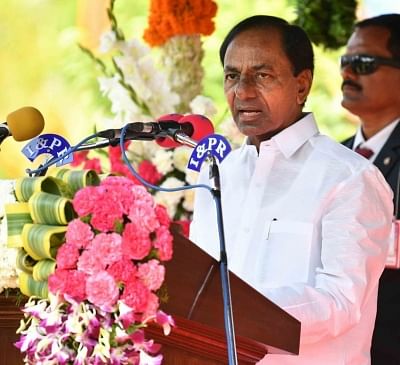 Hyderabad: Telangana Chief Minister K Chandrasekhar Rao addresses at a programme, organised on the occasion of Telangana State Formation Day, in Hyderabad, on June 2, 2019. (Photo: IANS)