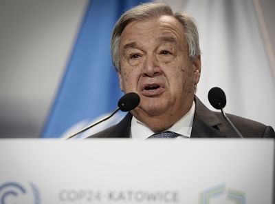 KATOWICE, Dec. 3, 2018 (Xinhua) -- United Nations (UN) Secretary-General Antonio Guterres addresses the UN Climate Change Conference in Katowice, Poland, Dec. 3, 2018. Delegates from nearly 200 countries began talks on Sunday on urgent actions to curb climate change three years after the landmark Paris Climate Change Agreement set a goal of keeping global warming below 2 degrees Celsius. The two-week UN Climate Change Conference, known as COP24, is held in the southern Polish city of Katowice. (