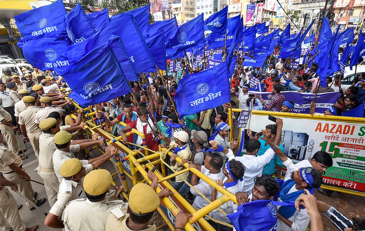 Police stop the activists of Bihar Bahujan Nyay Manch during Adhikar Yatra, organised in support of their various demands, in Patna. 