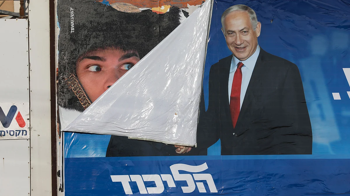 A campaign poster for Israeli Prime Minister Benjamin Netanyahu is seen in Bnei Brak, Israel on Tuesday.