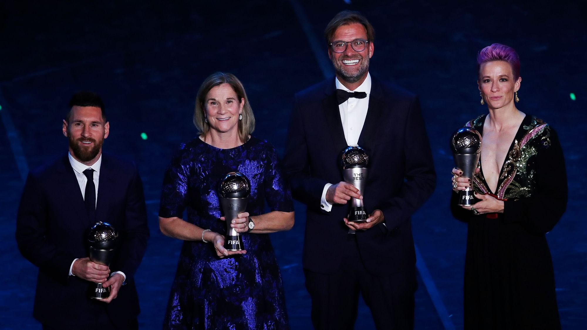 From left: Lionel Messi, Jill Ellis, Jurgen Klopp and Megan Rapinoe with their awards at the FIFA Best Awards ceremony in Milan on Monday, 22 September. | Fifa Best Player Award List 2019