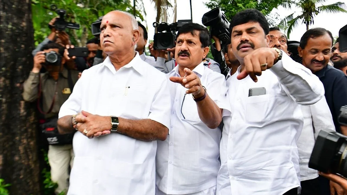 Karnataka CM BS Yediyurappa reviews a landslide in Karnataka’s Shivamogga.