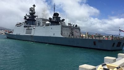 Hawaii: INS Sahyadri, that is set to participate in RIMPAC 2018 multinational exercise enters Pearl Harbour , Hawaii in US, on June 26, 2018. (Photo: IANS/Indian Navy)