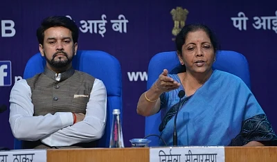 New Delhi: Union Finance and Corporate Affairs Minister Nirmala Sitharaman accompanied by Union MoS Finance and Corporate Affairs Anurag Thakur, addresses a press conference in New Delhi on Sep 14, 2019. (Photo: IANS)