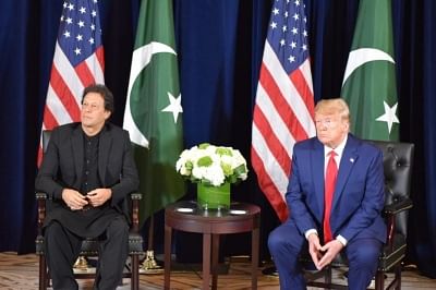 Pakistan Prime Minister Imran Khan meets US President Donald Trump on the sidelines of the 74th UN General Assembly in New York on Sep 23, 2019.