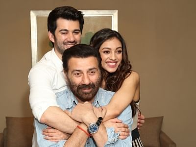 New Delhi: Director Sunny Deol with actors Karan Deol and Sahher Bambba during the promotions of their upcoming film "Pal Pal Dil ke Pass" in New Delhi on Sep 17, 2019. (Photo: Amlan Paliwal/IANS)