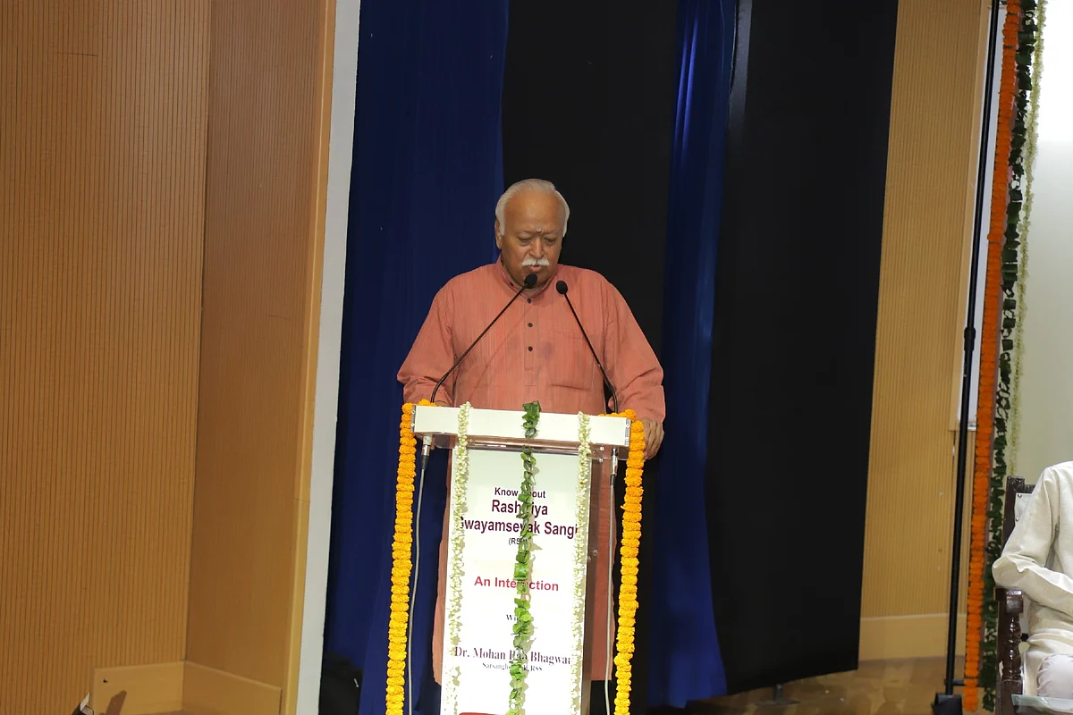 Image of RSS sarsangchalak, Mohan Bhagwat, at the “closed door” event with foreign press on 24 September.