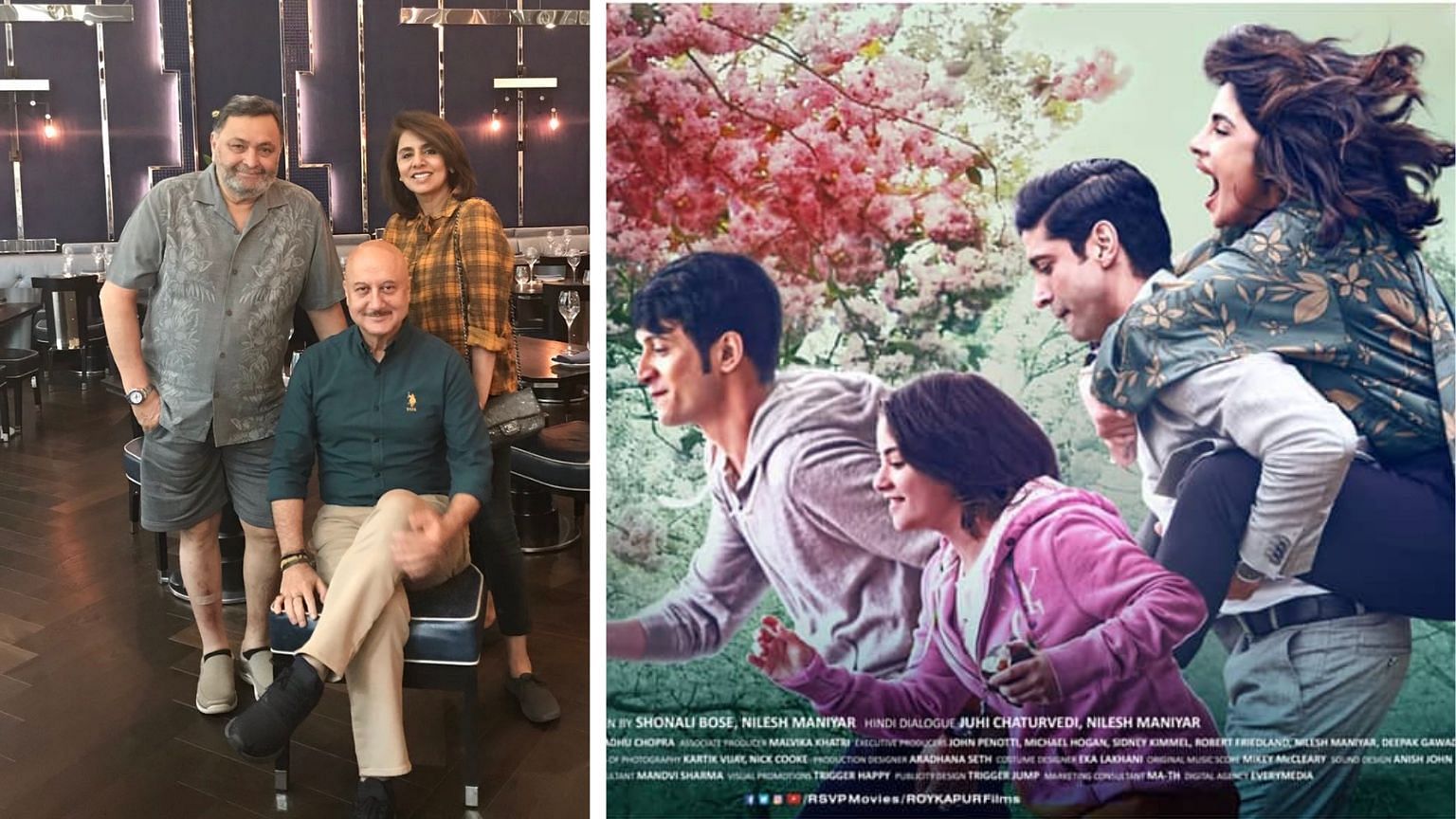 Anupam Kher with Rishi and Neetu Kapoor; <i>The Sky is Pink</i> poster.