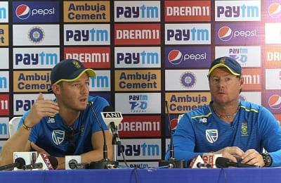Dharamsala: South African cricketer David Millar accompanied by coach Lance Klusener, addresses a press conference on the eve of the first T20I match against India, at Himachal Pradesh Cricket Association Stadium in Dharamsala on Sep 14, 2019. (Photo: Surjeet Yadav/IANS)