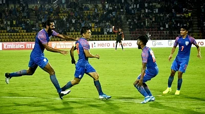 Guwahati: Indian skipper Sunil Chhetri celebrates after scoring a goal during 2022 FIFA World Cup Qualifier match between India and Oman at the Indira Gandhi Athletic Stadium in Guwahati on Sep 5, 2019. (Photo: IANS)